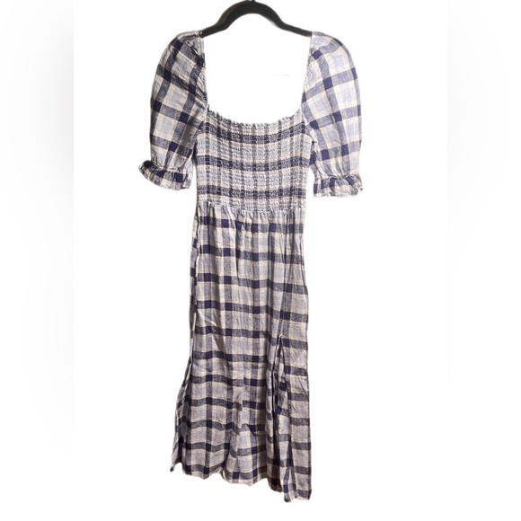 Reformation “Marbella” A-Line Short Sleeve Square Neck Blue Plaid Midi Dress XXS - Picture 3 of 4